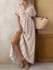 Plus Size Women Casual Printed Twist Knot Long Shirt Dress, Suitable For Daily Wear, Commute, Vacation - Multicolor - View 4