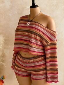 SHEIN CURVE+ Holiday 2pcs Women Striped Asymmetrical Shoulder Long Sleeve Top And Shorts Set - Multicolor - View 2