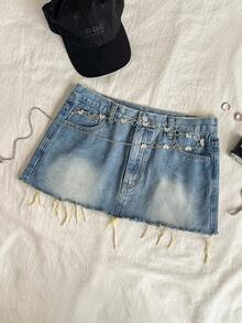 SHEIN Attitoon Women's Washed Denim A-Line Skirt - Light Wash - View 1