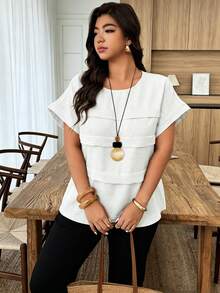 Weeklong Plus Size Women's Casual Pleated Round Neck Loose Dolman Sleeve Blouse, Suitable For Daily Wear And Vacation - White - View 5