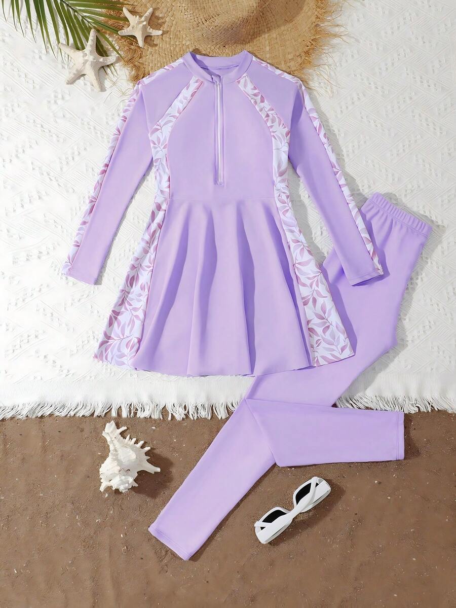 SHEIN Tween Girl Long Sleeve Leaf Print Zip-Up Swimwear With Skirt, Two Pieces Swimwear Set - Mauve Purple - View 1
