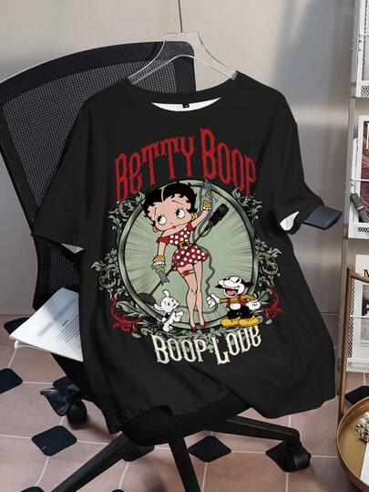 Betty Boop x SHEIN Plus Size Cartoon Letter Print Short Sleeve T-Shirt