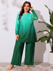 Swim  Set de 2 piezas de traje de baño burkini de talla grande para mujer con impresión de color degradado y bloque de color, de manga larga y cuello redondo, holgado y modesto, ropa de resort de verano, vestimenta árabe - Verde - Ver 6