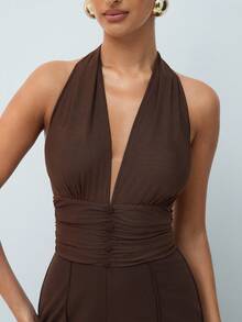 Hauture Bộ jumpsuit co giãn, cổ yếm, cài cúc phía trước. - Cà phê nâu - Xem 3