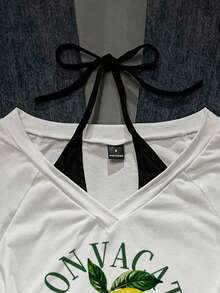 Attitoon Casual Minimalist Retro V-Neck 2 In 1 Halter Tie-Up Contrast Color Short Sleeve Lemon Letter Print T-Shirt, Suitable For Summer - White - View 4