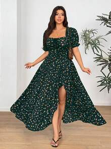Vionelle Damen Große Größen Asymmetrischer Saum Ditsy Blumen Sexy Kleid - Dunkelgrün - Übersicht 4