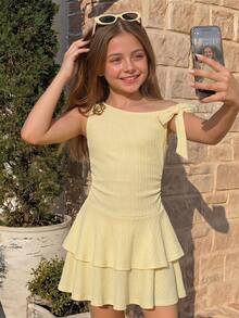SHEIN Elegant Solid Yellow Textured Fabric Asymmetric Shoulder Bowknot Decor Double-Layer A-Line Dress, Suitable For Beach Vacation Teen Girl Clothes Dress Girls Dress Cute Dresses For Girls - Yellow - View 8