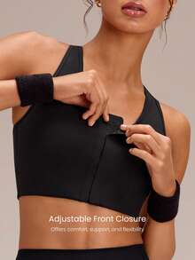 GLOWMODE FeatherFit™-Sculpt FlowFit Breathable Sweat-Wicking Stretchy Mesh Back Adjustable Crop Front Closure Sports Bra Running Workout Gym - Black - View 3