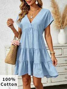 EMERY ROSE V-Neck Layered Hem Patchwork Mini Dress For Women - Blue - View 3