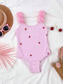 SHEIN 女童夏季柔软质感短袖休闲时尚百搭夏季度假露营亲子/家庭写真泳装 - 粉色 - 查看 3