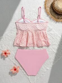 SHEIN 2pcs/Set Teen Girl Pink Knitted Sunflower Bikini Set,3D Flower Lace Ruffle Cami Top&High-Waisted Briefs Summer Beach Holiday Holiday Bathing Suits - Pink - View 2