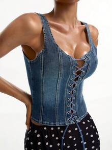 DAZY Áo tank top denim lửng ôm sát, buộc dây, gợi cảm, phong cách đường phố thường ngày dành cho nữ, thích hợp cho mùa hè. - Màu xanh lam - Xem 6