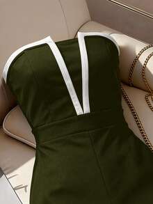 Franclia Elegant Women's Summer Tube Top Jumpsuit,Dark Green Color-Blocked Short Romper With V-Neck Embellishment,Waist-Cinching Brunch And Party Outfits - Dark Green - View 4
