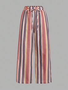 Set Of 3 High-Waisted Loose Straight-Leg Trousers With Drawstring And Pockets, Solid Color And Versatile, Suitable For Spring/Summer - Apricot - View 7