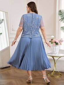 Reflora Abito da donna taglie forti con ricamo floreale plissettato casual per feste, abito estivo, abito per festival, abito da ospite di matrimonio, abito da laurea, abito da ballo elegante - Blu - Visualizzare 3
