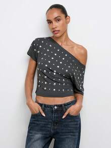Maija Damen T-Shirt mit asymmetrischen Fledermausärmeln, Nieten und Designdetails - Kaffeebraun - Übersicht 4