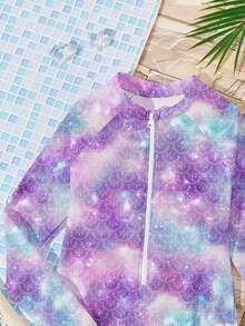 Teen Girl Tie-Dye Glitter Pattern One-Piece Swimsuit, Casual Vacation Minimalist Design, Suitable For Summer, Surfing - Multicolor - View 3