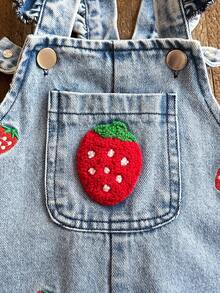 SHEIN Vintaside Kids Bộ áo liền quần denim màu xanh dương cho bé gái, kiểu dáng thường ngày, dễ thương, thêu hoa, có dây đeo, thích hợp cho các buổi đi chơi và tiệc tùng. - Màu xanh lam - Xem 4