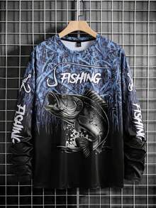 Manfinity Roughcore 男士长袖休闲钓鱼衬衫 - 3D鱼印花，圆领，涤纶面料，黑蓝渐变色，适合户外活动，钓鱼配件 - 彩色 - 查看 6