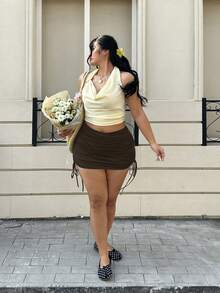 GalTyme Plus Size Women's Fashionable Sexy Ruched Tie Waist Skirt - Chocolate Brown - View 3