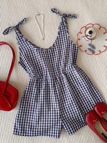SHEIN EZwear Navy Plaid Casual Vacation Romper - Navy Blue - View 2