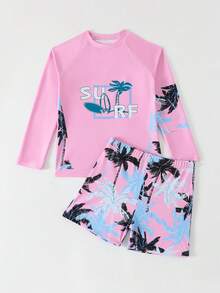 SHEIN 男童泳装，粉色棕榈树印花长袖吊带背心和泳裤，休闲度假泳衣，适合游泳、夏季海滩、泳池、度假、派对 - 粉色 - 查看 3