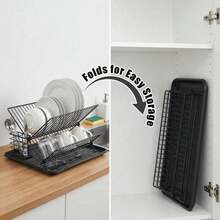 1pc Foldable 2-Tier Metal Kitchen Dish Rack, High Capacity With Removable Drip Tray, Ideal For Small Kitchens, Apartments, Dorms, RVs, For Storing And Drying Plates, Bowls, Cups,  Great For Daily Cooking, Post-Meal Cleaning, Holiday Gatherings, - View 3