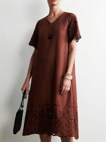 SHEIN Stylify Vestido largo sin mangas de unicolor con cuello en V para mujer - Marrón - Ver 7