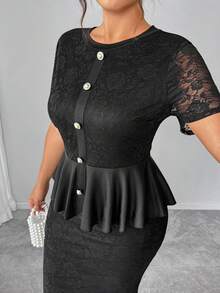 Elenzga Damen Outfit in Große Größen, 2-teiliges Set, Spitze Mesh Einsatz, transparent, sexy, elegant, Rüschenärmel Bluse und Fishtail Rock, bequemer, dehnbarer schwarzer Anzug für Party, Tee, Bankett - Schwarz - Übersicht 4