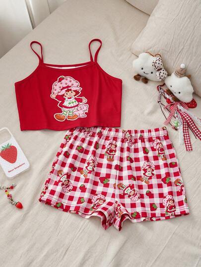 Strawberry Shortcake X SHEIN Tween Girls' Casual Cartoon Print Camisole Top And Plaid Shorts Pajama Set, Summer