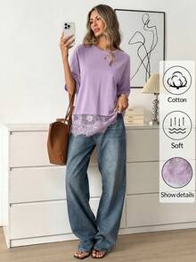 Easowa Black Short Sleeve Round Neck Lace Hem Loose T-Shirt For Women - Mauve Purple - View 6