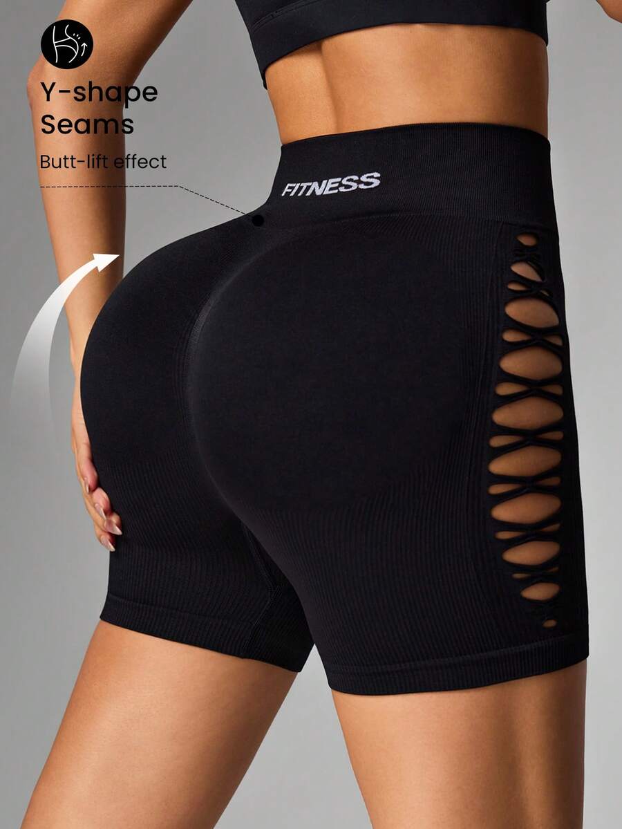 Dewbera Dewbera Breathable Perforated Letter Printed Seamless Sports Shorts - Black - View 1