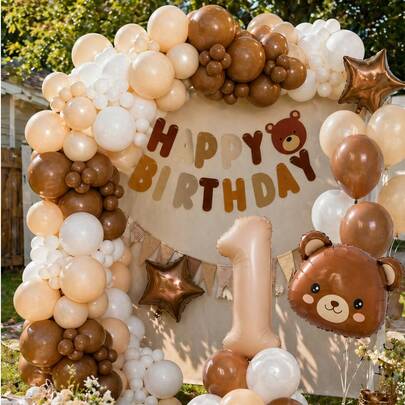MINKOJA MINKOJA 1pc/83pcs Brown Bear Party Balloon Galand Set With Bear Felt Happy Birthday Banner Hanging Decor Bear Theme Birthday Party Decorations Supplies, First Birthday Party Decor, Wedding