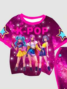 Young Girls Summer 2-Piece Set,Cartoon K-Pop Superstars Print Round Neck Short Sleeve Top&Flare Pants,Light Pink Dreamy Starry Sky Sporty Kids Outfit - Multicolor - View 5