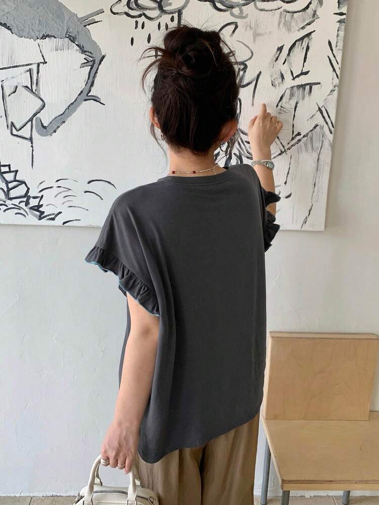 Dazy Plus Letter Print Pattern Loose Fit Round Neck Ruffle Cuff Casual Plus Size T-Shirt For Women, Grey