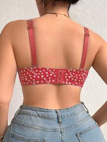 DesireSculpt 1pc Women's Heart Print Rhinestone Strap Design Underwire Plus Size Bra Summer - Red - View 2