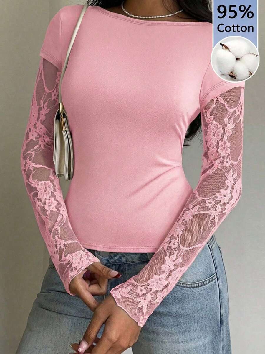 CovetEZ 95%棉质休闲粉色针织蕾丝拼接两件套长袖上衣,女士夏季款 - 粉色 - 查看 1