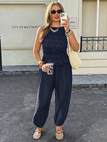 Lounesse Plus Size Summer Casual Solid Color Camisole And Pants 2 Pieces Set - Navy Blue - View 4