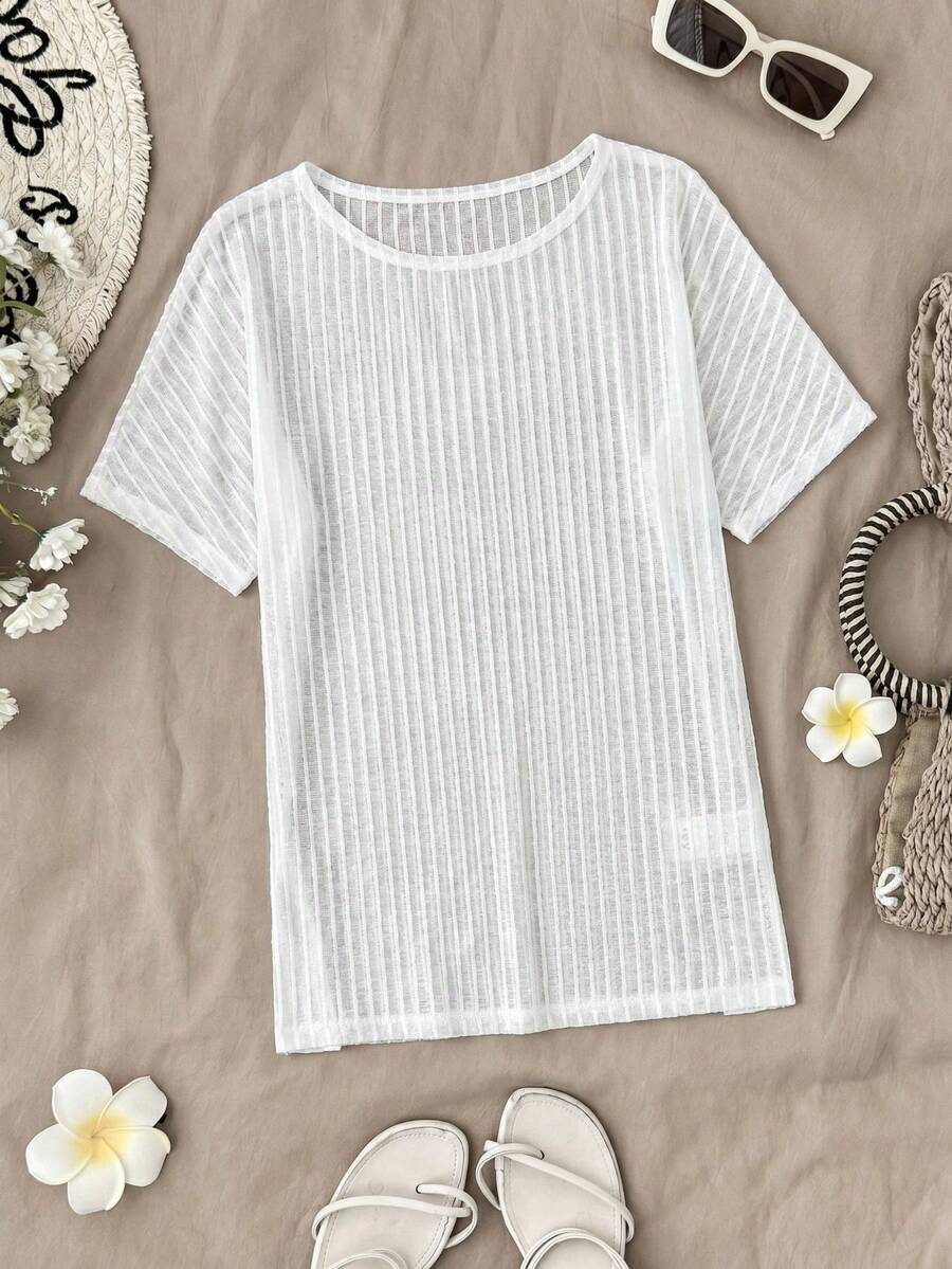 SHEIN Kaos Remaja Perempuan Putih Bertekstur Garis-Garis Longgar Kasual untuk Liburan, Warna Polos, Ringan untuk Liburan Pantai - Putih - View 1