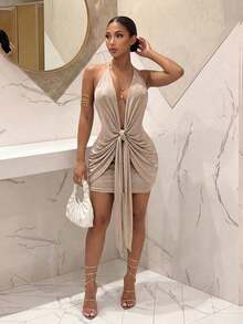 Slaydiva New Summer Elegant Party Sexy Vacation Beach Backless Ruched Twist Mini Dress - Apricot Shiny Chiffon - Apricot - View 8