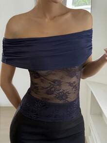Livesso 女士性感优雅褶皱露肩透视蕾丝修身短款T恤，夏季 - 藏蓝色 - 查看 4