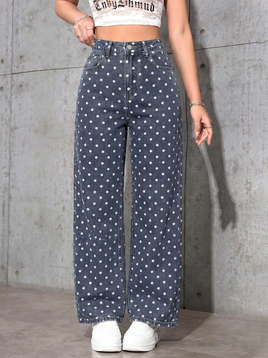 SHEIN ICON Quần jeans ống đứng in họa tiết chấm bi phong cách thường ngày dành cho nữ - Rửa nhẹ - Xem 1