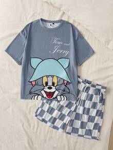 TOM & JERRY X SHEIN Men's Round Neck Short Sleeve Top And Shorts Pajama Set - Grey - View 1