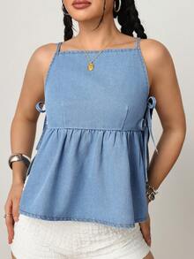 SHEIN PETITE Women's Casual Washed Side Tie Denim Blouse, Summer - Light Wash - View 14
