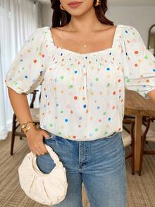 Vionelle Plus Size White Polka Dot Petal Sleeve Blouse, Vacation Style Puff Top For Women Women's Tops Casual Cute Tops Brunch Summer - Multicolor - View 7