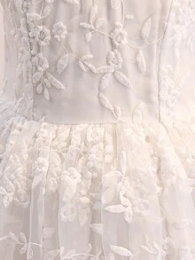 Abito bianco con texture in pizzo floreale, vita stretta, maniche a cappuccio e scollo rotondo, elegante abito in pizzo per adolescenti, adatto per matrimoni, feste, raduni, occasioni formali, matrimonio estivo - Bianco - Visualizzare 4