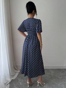 SHEIN LUNE 女士波点印花V领短袖连衣裙 - 藍色 - 查看 2