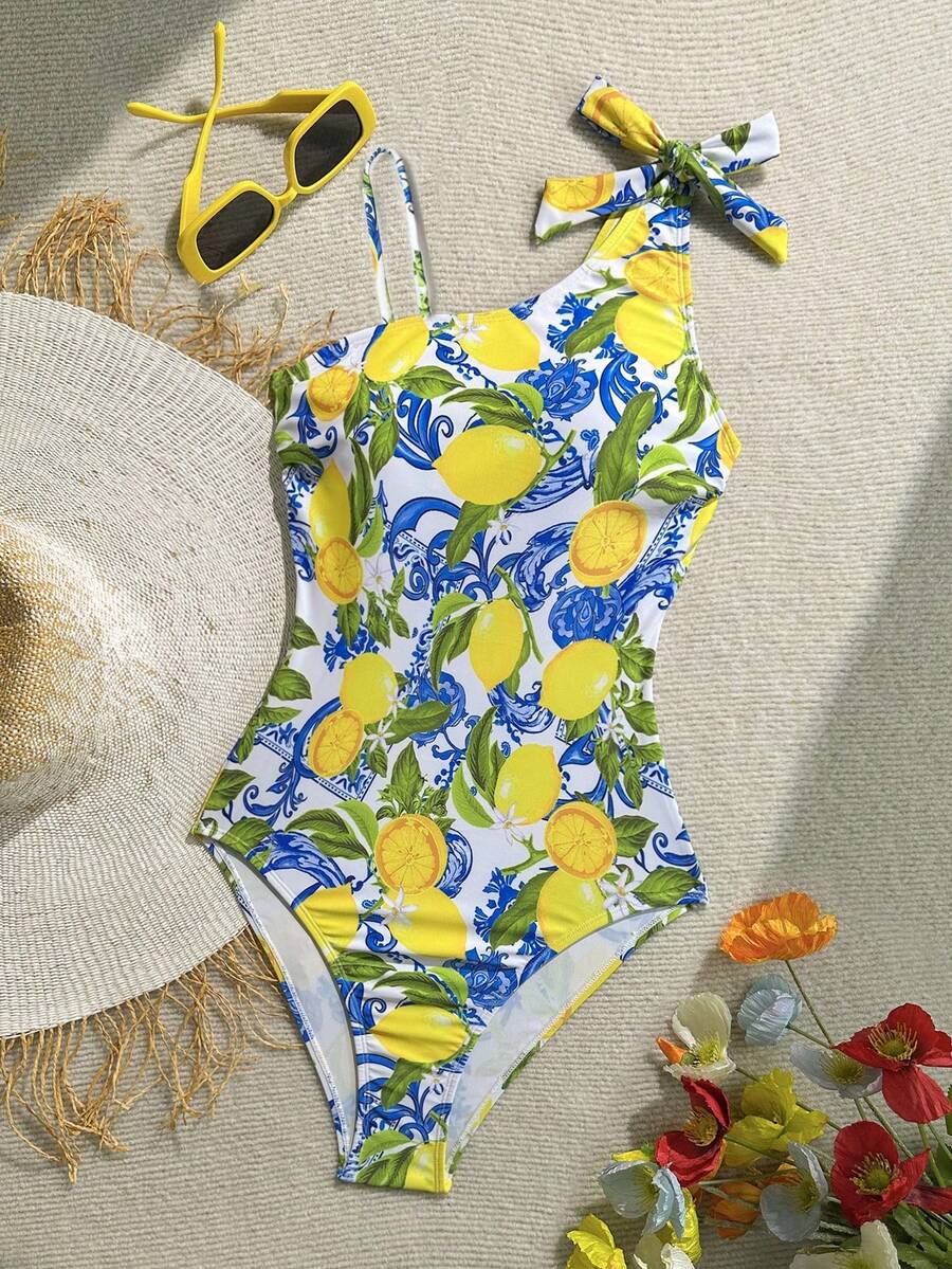 SHEIN 少女休闲度假热带柠檬印花不对称肩部蝴蝶结装饰连体泳衣,沙滩假日 - 黃色 - 查看 1