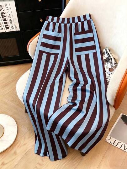 Franclia Pantalones rectos de talla grande de rayas marrones y azules para vacaciones informales