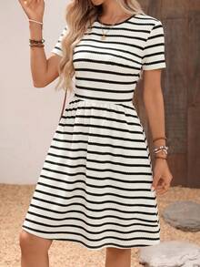 EMERY ROSE Vestido casual de mujer con rayas, vestidos casuales para mujer, nuevo vestido de llegada para mujer, vestido casual simple y retro, vestidos casuales para mujer en verano - Multicolor - Ver 5